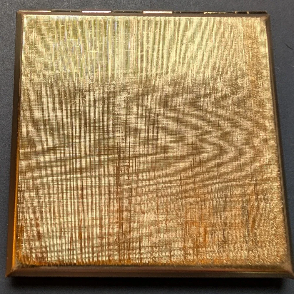 Vintage Gold Tone Cityscape w Moon Marquetry Resin Square Makeup Compact Mirror